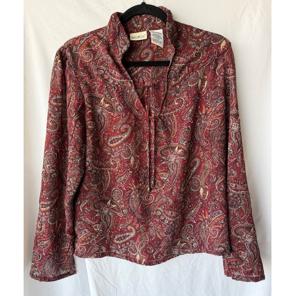 Y2K White Stag Blouse Bordeaux Red Paisley Office Classic Long Sleeve Medium M
